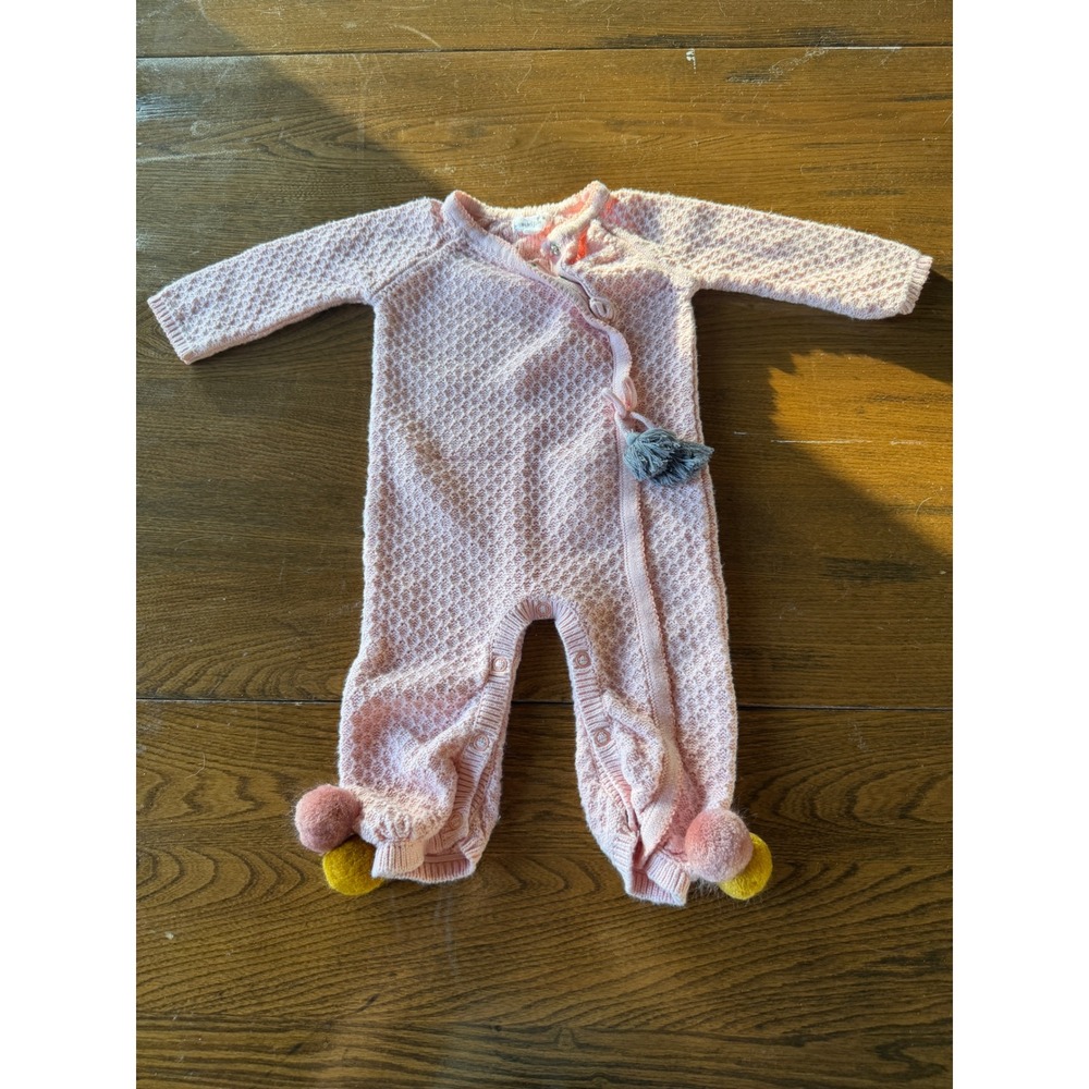 Mud Pie Baby Girls Pink Knit Romper Tassel Pom Pom One Piece 3-6 Months